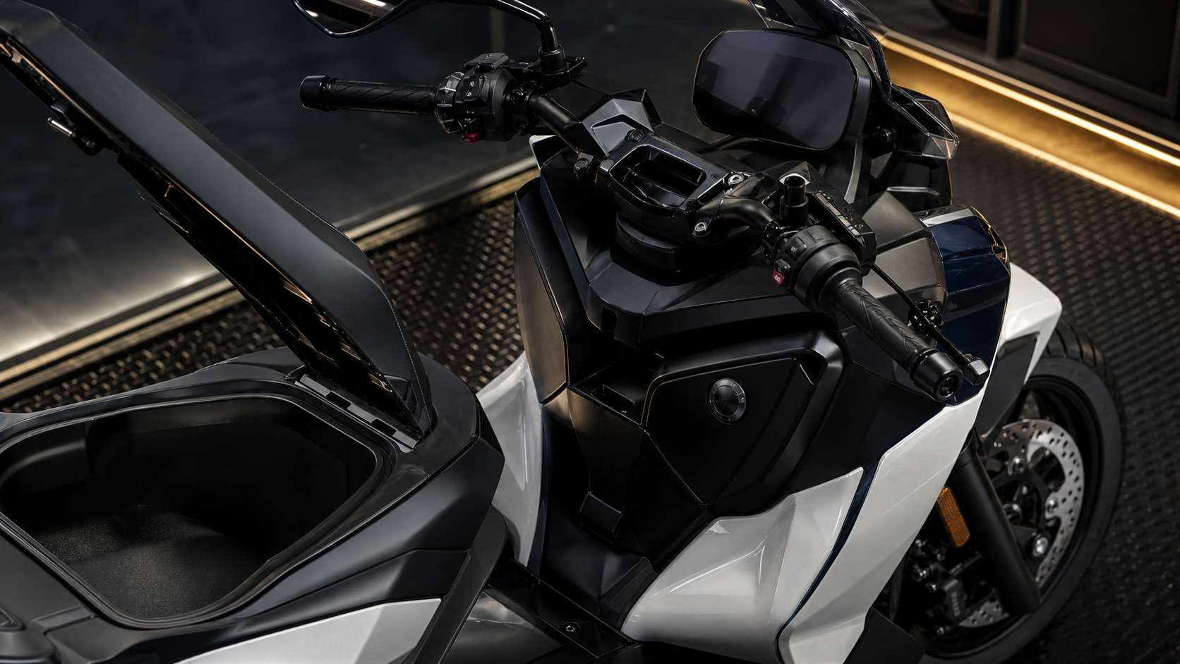 AI-generated close inspection detail of BMW C 400 X cockpit TFT controls windscreen mount Flexcase-style under-seat opening and front brake