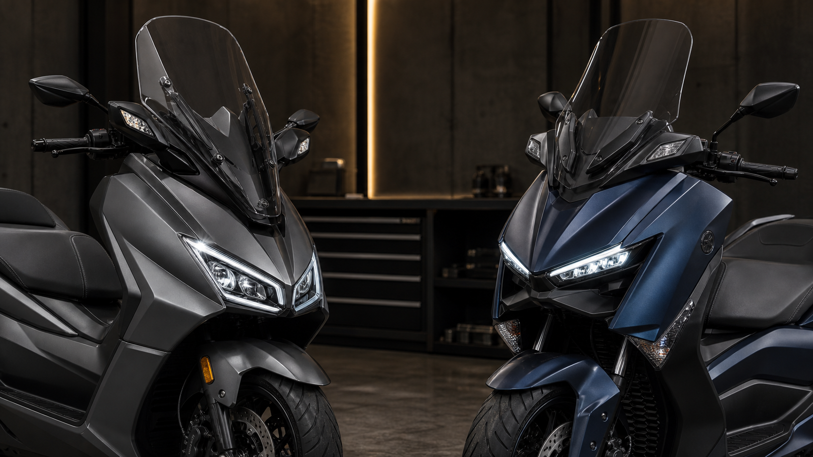 AI-generated editorial detail of Honda Forza 350 and Yamaha XMAX Tech MAX 2026 windscreen cockpit brake and tire equipment