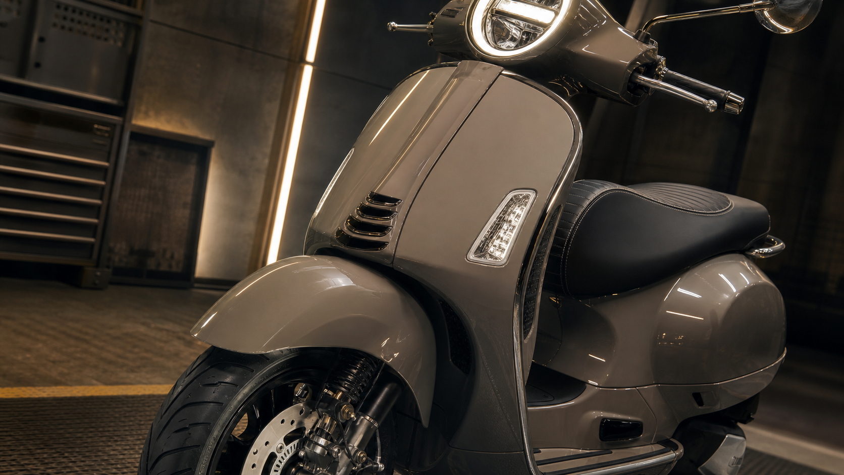 AI-generated editorial detail of Vespa GTS 300 HPE steel body round LED headlight front brake wheel and stitched seat