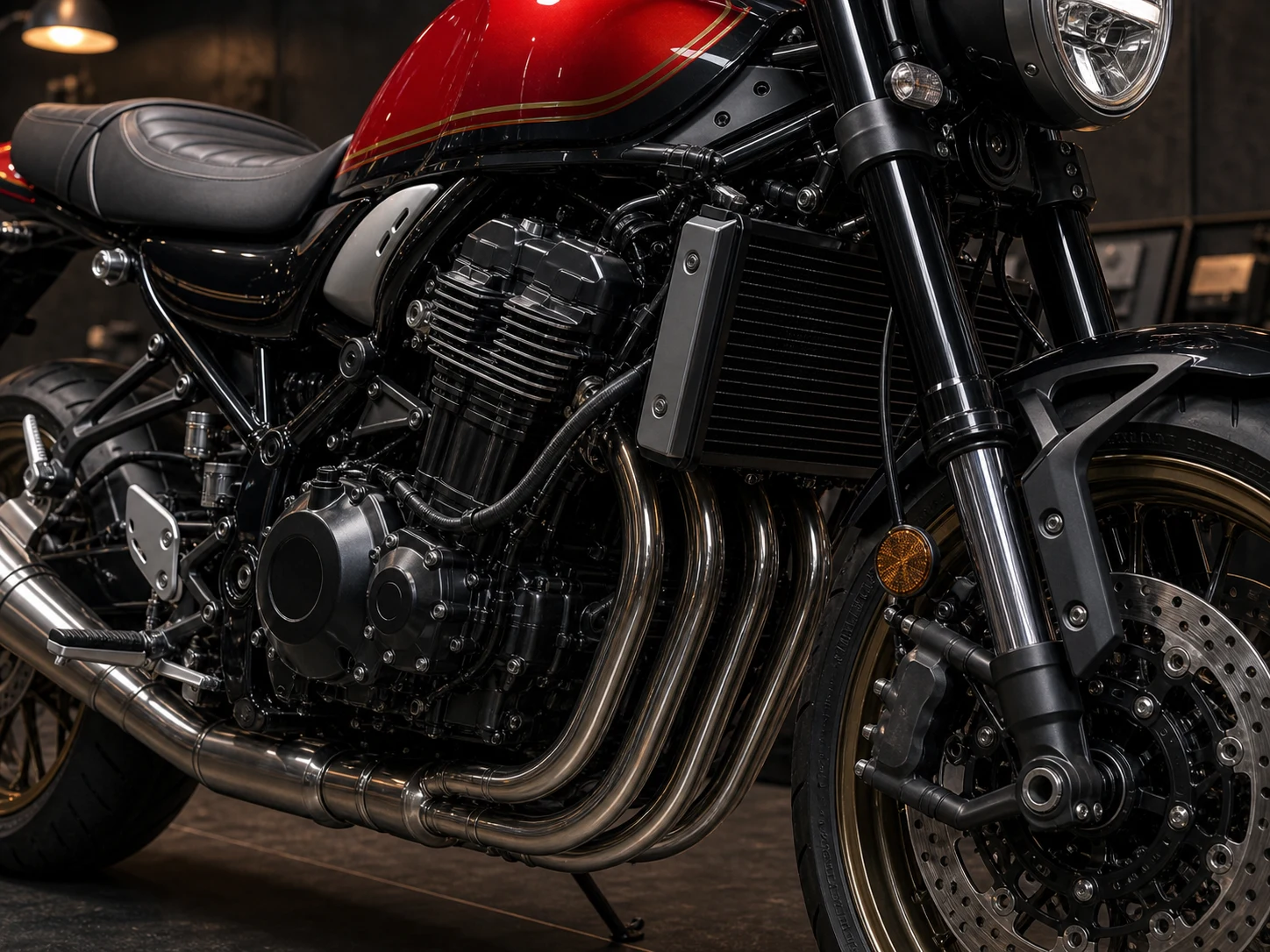 AI-generated Kawasaki Z900RS 2026 inline-four engine and front hardware inspection detail