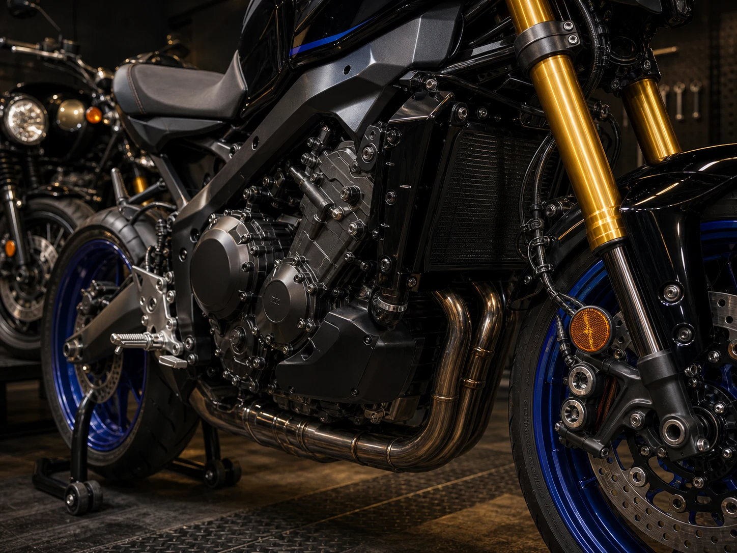 AI-generated Yamaha MT-09 SP CP3 engine suspension and brake inspection detail with Yamaha XSR900 context