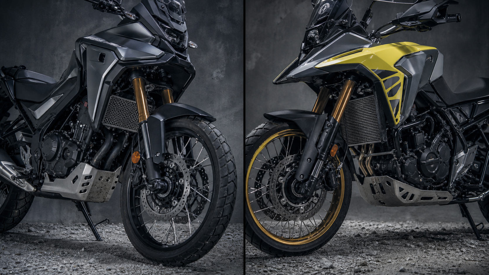 AI-generated detail image comparing XL750 Transalp and V-Strom 800DE 21-inch wheels fork skid plate and twin-engine hardware