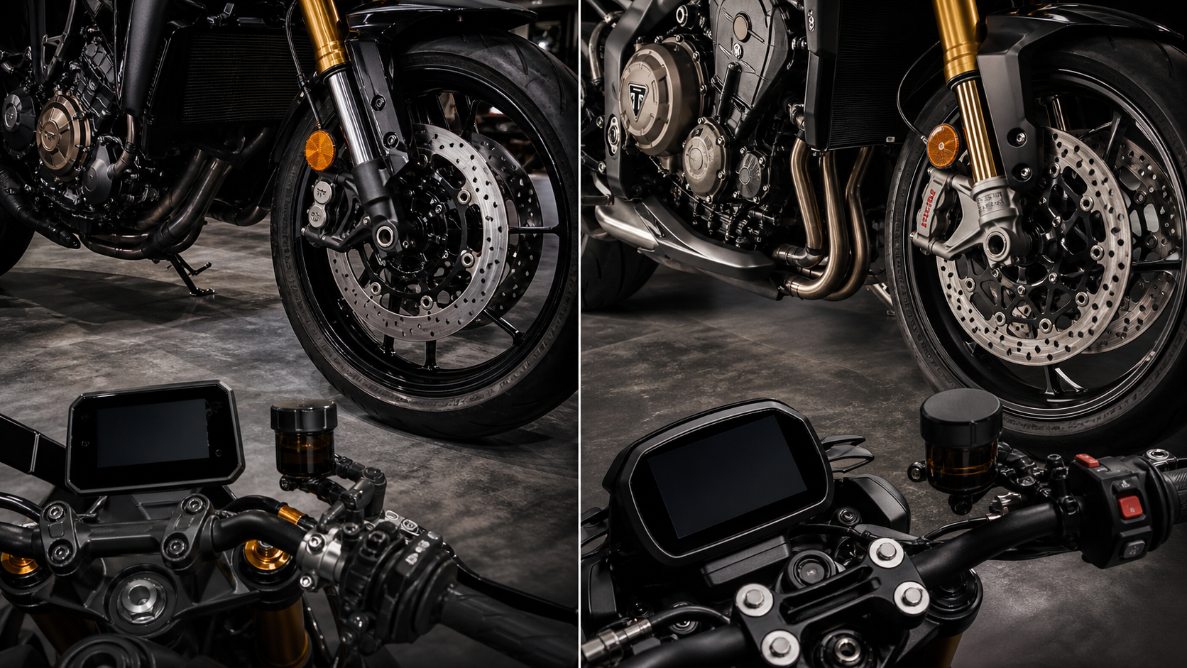 AI-generated detail image comparing MT-09 SP and Street Triple 765 RS brake fork cockpit and triple-engine hardware