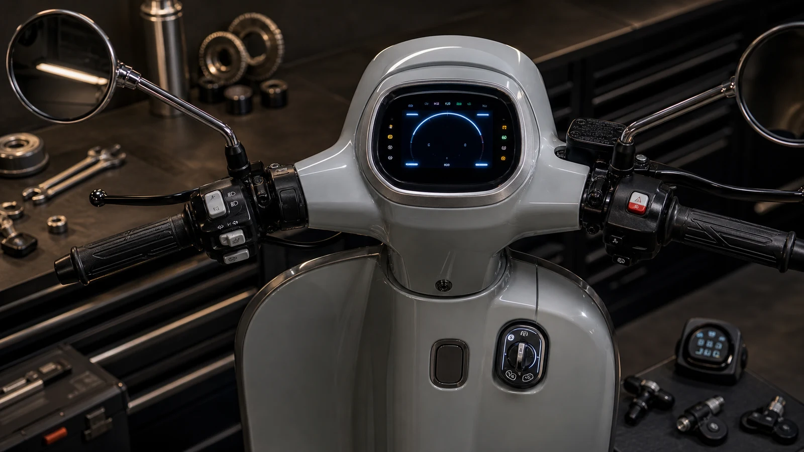 AI-generated Royal Alloy GT150 TFT dashboard keyless switchgear ABS and TCS inspection detail image