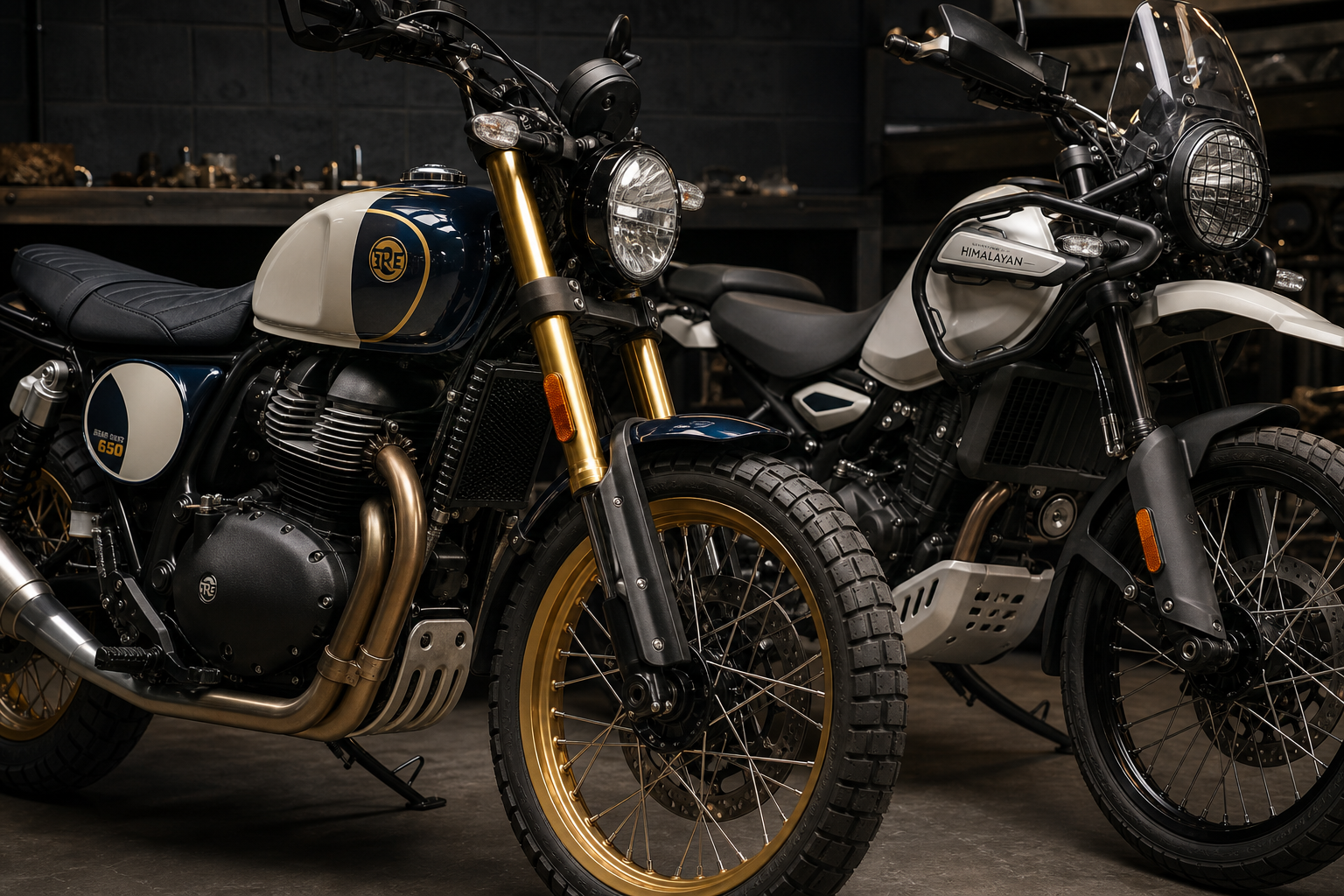 Royal Enfield Bear 650 and Royal Enfield Himalayan 450 AI-generated hardware detail with fork, wheels, engine and brake inspection focus