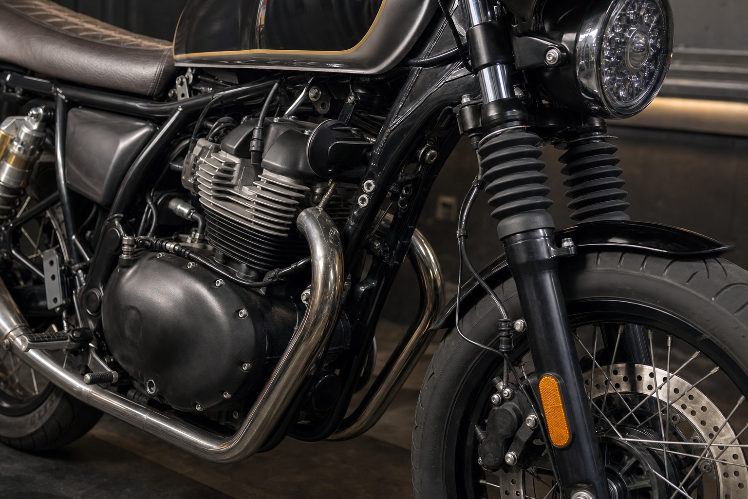 Royal Enfield Interceptor 650 AI-generated detail image showing 648cc twin engine, spoke wheel, brake and original hardware inspection points
