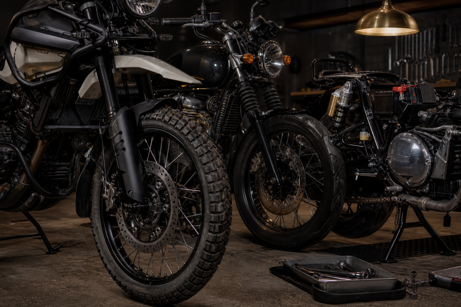 Royal Enfield Interceptor 650, Royal Enfield Classic 350 and Royal Enfield Himalayan 450 AI-generated readiness inspection detail with tires, brakes, chain, lighting and battery