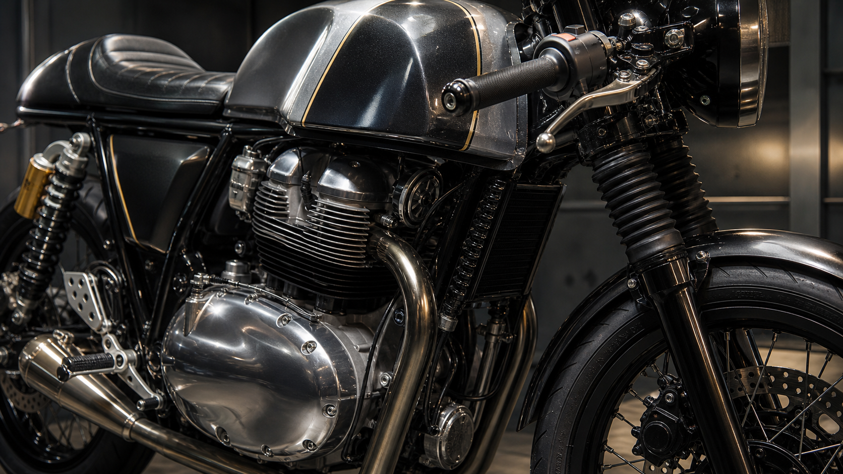 Royal Enfield Continental GT 650 648cc parallel twin engine clip-on handlebar tank rearset and cafe racer hardware detail