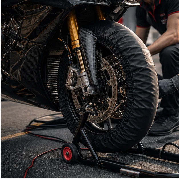 Generated generic race superbike paddock preparation with brake slick tire and tire warmer