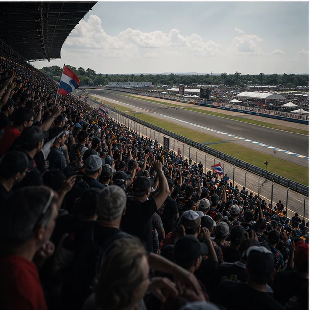 Generated Buriram inspired grandstand motorsport crowd energy without identifiable faces
