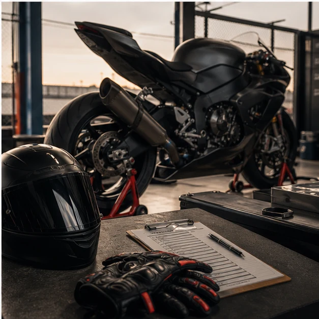 Generated premium race replica superbike readiness scene with helmet gloves and service checklist