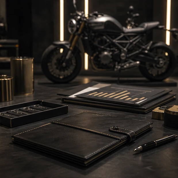 Generated KORN DNK style market intelligence desk with premium motorcycle in background