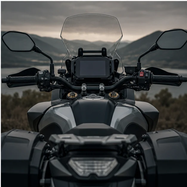Generated Suzuki GSX-S1000GX inspired touring cockpit windscreen and luggage readiness