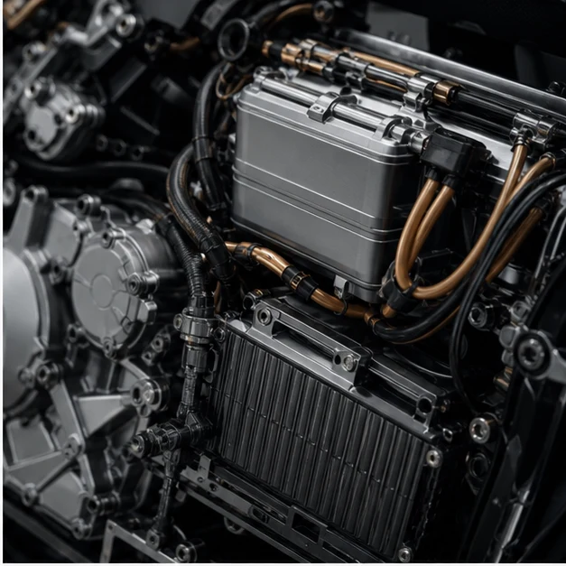 Generated hybrid motorcycle powertrain with battery module engine and cable routing