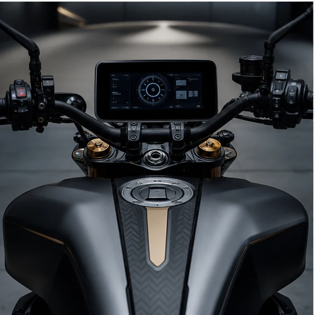 Generated hybrid motorcycle cockpit and energy management display without readable text