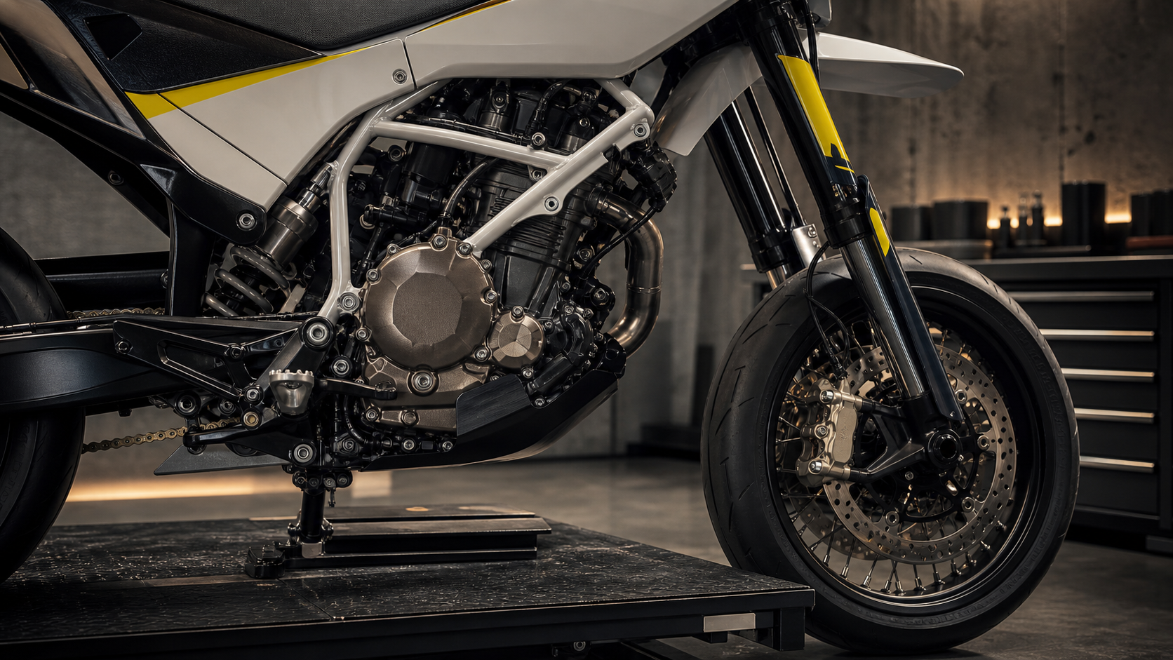 Husqvarna 701 Supermoto AI-generated single-cylinder engine, WP suspension and Brembo brake detail