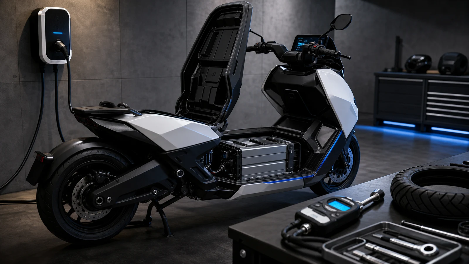 AI-generated BMW CE 04 battery module charging cockpit and electric scooter inspection detail image