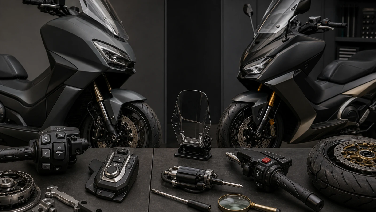 AI-generated Honda Forza750 DCT control and Yamaha TMAX Tech MAX CVT cockpit premium scooter detail image