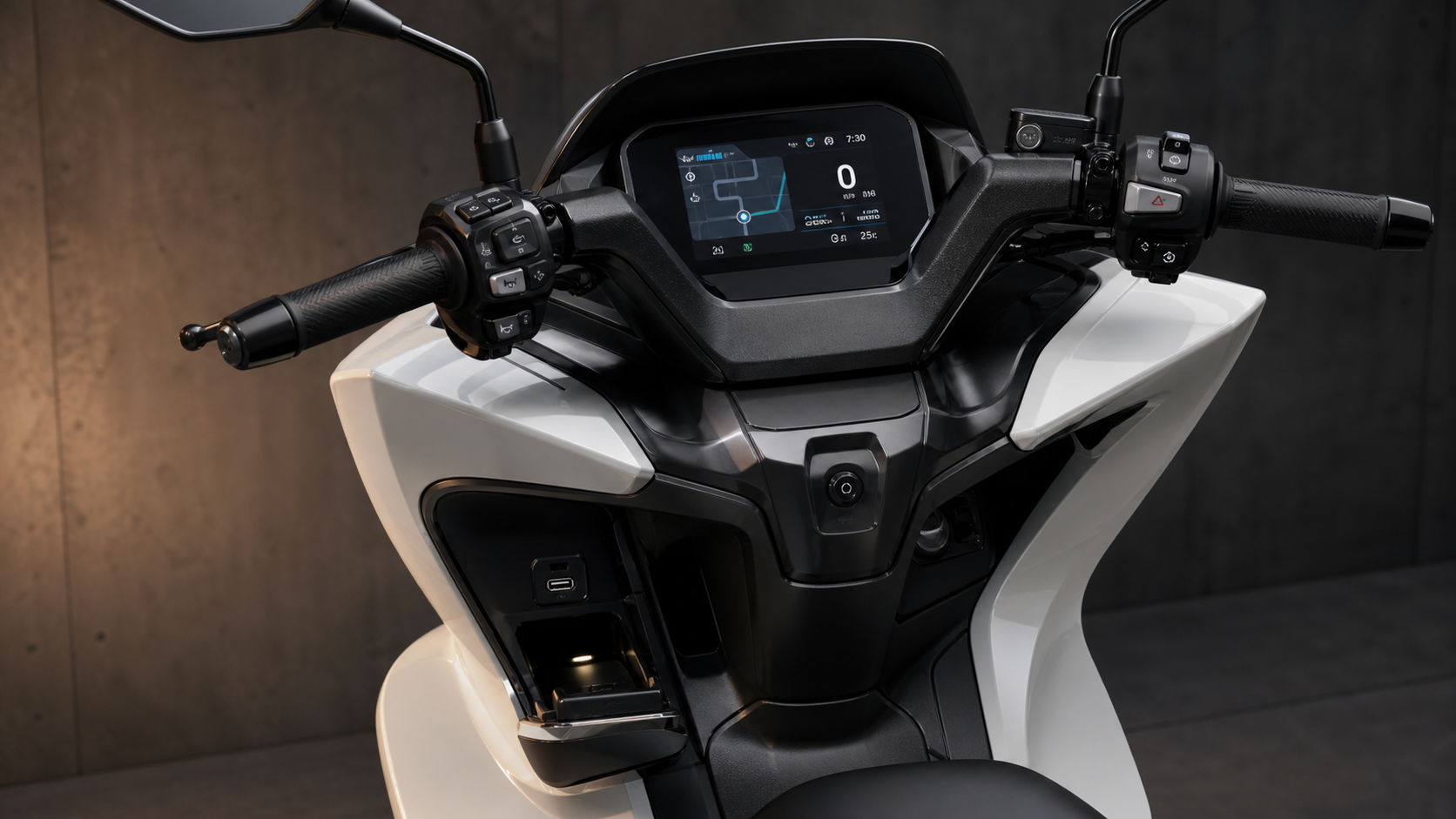 Honda PCX160 RoadSync 2026 TFT cockpit multifunction controller USB-C and premium fairing detail
