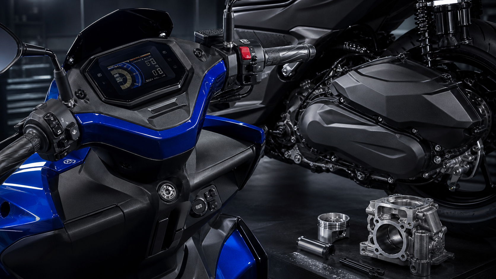 Yamaha AEROX SP 2026 TFT cockpit YECVT drivetrain and forged piston editorial detail