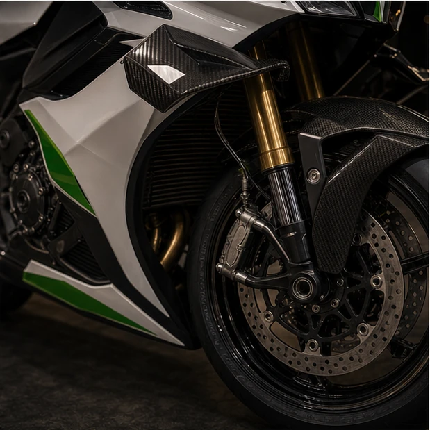 Generated collector superbike provenance scene with blank plaque service folder and carbon parts