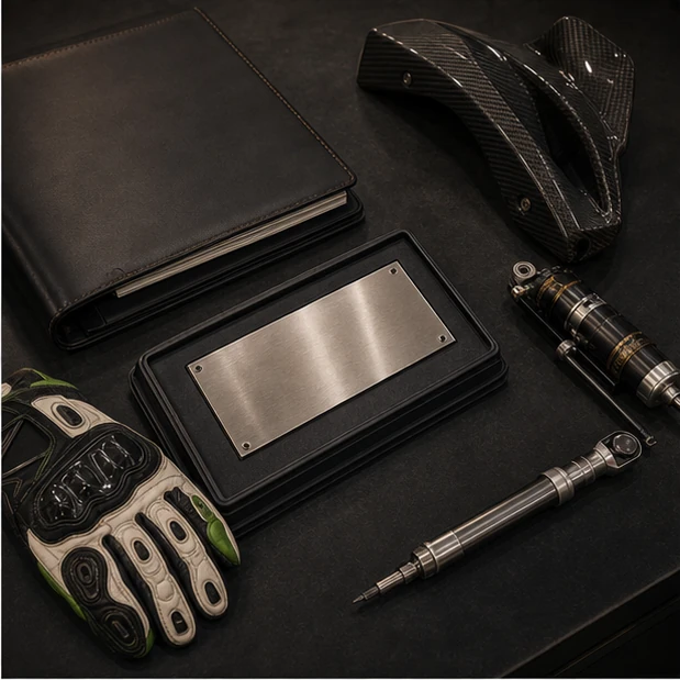 Generated carbon aero winglet brake fork and slick tire inspection detail on a collector superbike