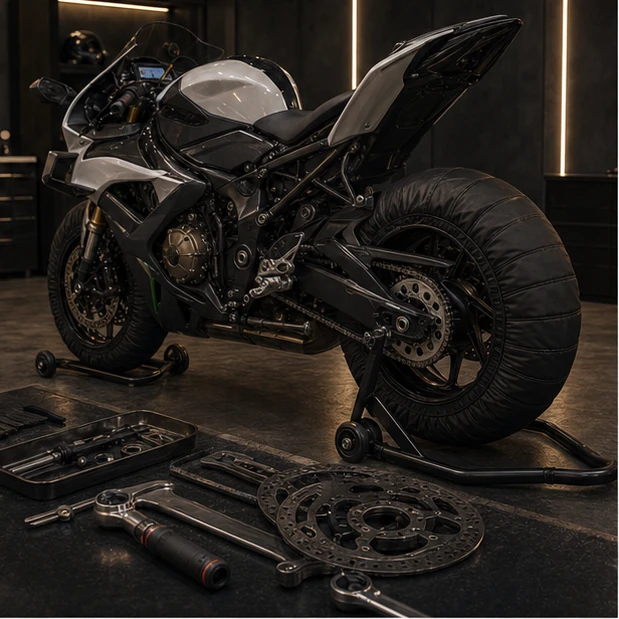 Generated race replica superbike readiness scene with paddock stand tires brakes and technical tools