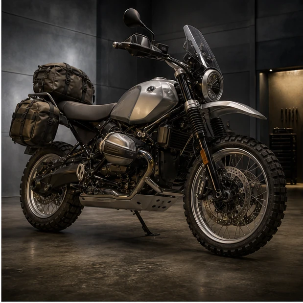 Generated retro boxer enduro with touring luggage and wire wheels in an industrial showroom