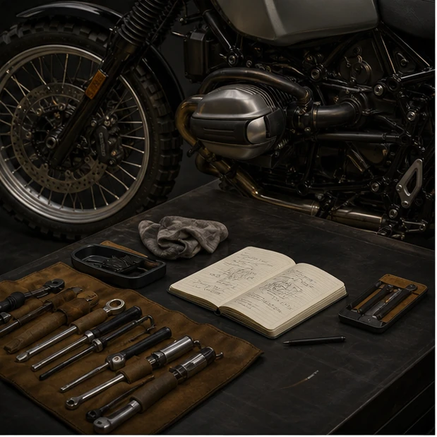 Generated service notebook and tools beside a retro boxer enduro motorcycle