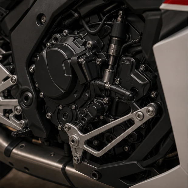 Generated E-Clutch style engine casing and gear lever inspection detail