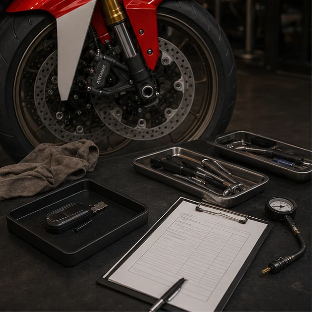 Generated 500cc sport motorcycle delivery inspection with key tray brake tire and tools