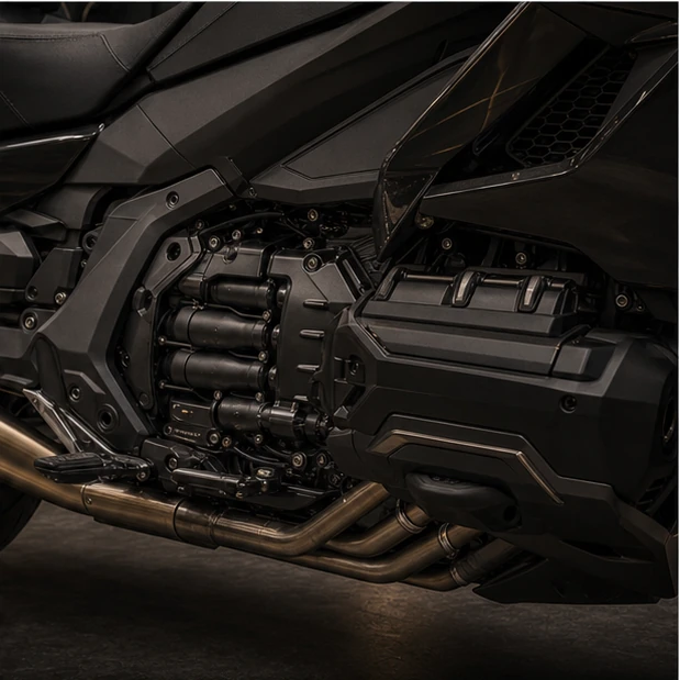 Generated flagship touring motorcycle flat six lower fairing and exhaust mechanical detail