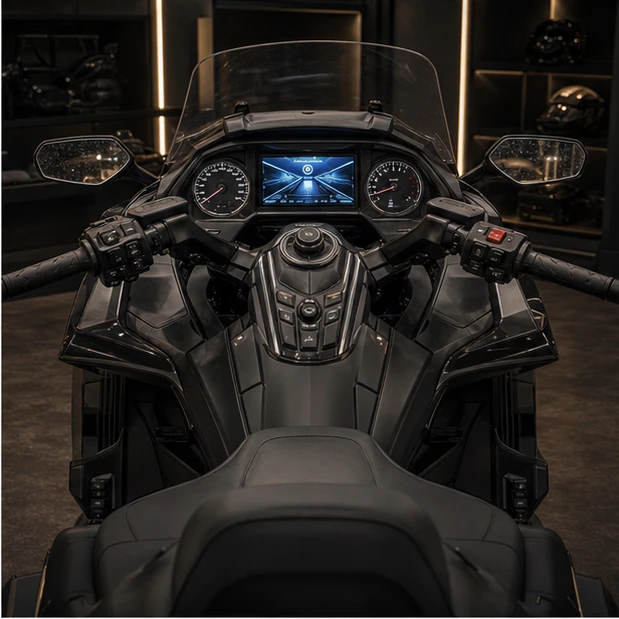 Generated Gold Wing style touring cockpit screen switchgear and comfort system with no readable text