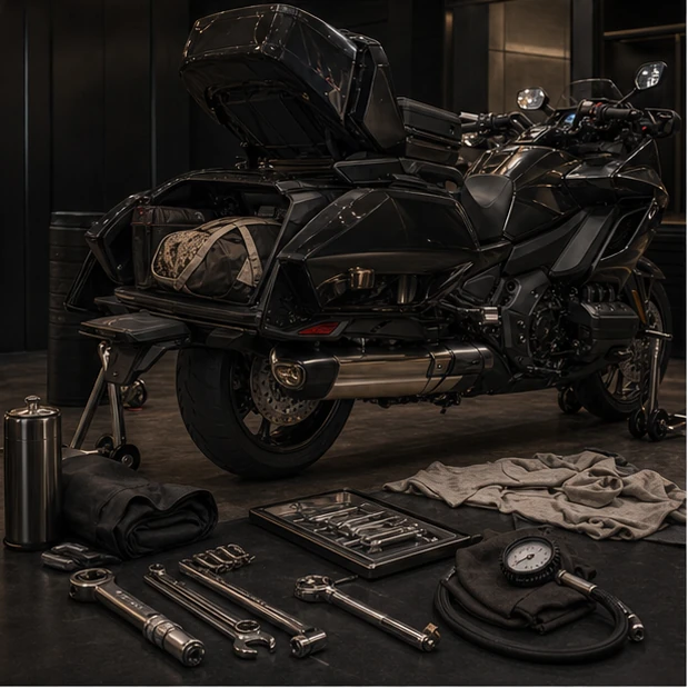 Generated flagship touring motorcycle luggage tire brake and tool readiness scene