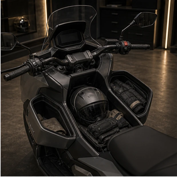 Generated premium big scooter cockpit and underseat touring utility scene