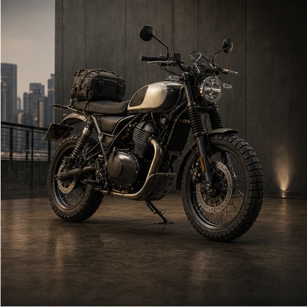 Generated modern classic scrambler with luggage and mixed-use tires in Bangkok setting
