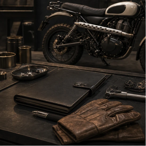 Generated modern classic scrambler curation scene with service folder and tools