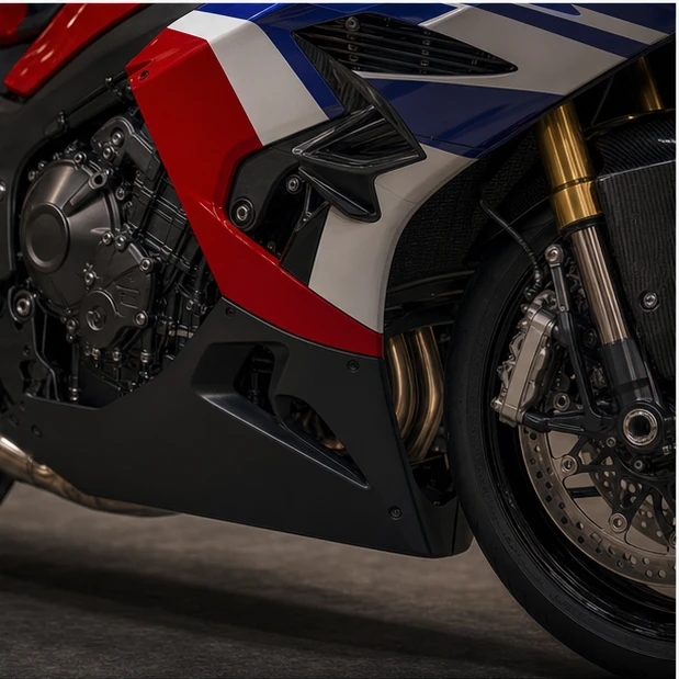 Generated race replica superbike inline four fairing vent brake and fork inspection detail