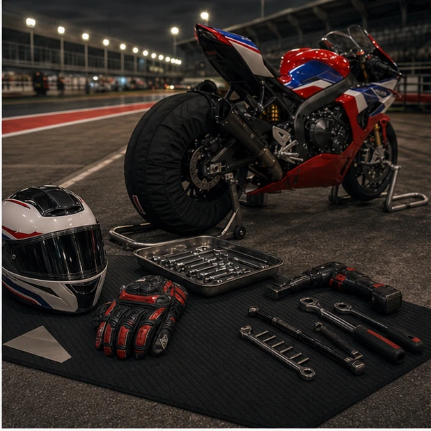 Generated Thai motorsport energy scene with empty pit lane tools helmet silhouette and superbike