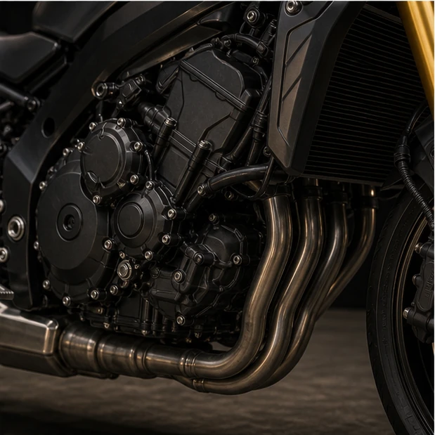 Generated inline four engine and exhaust header inspection detail for a liter class naked motorcycle