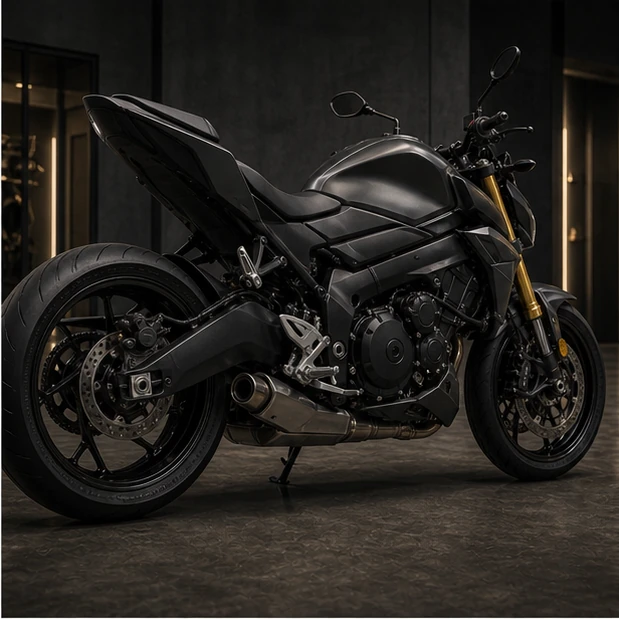Generated liter class naked motorcycle frame swingarm brake and tire detail