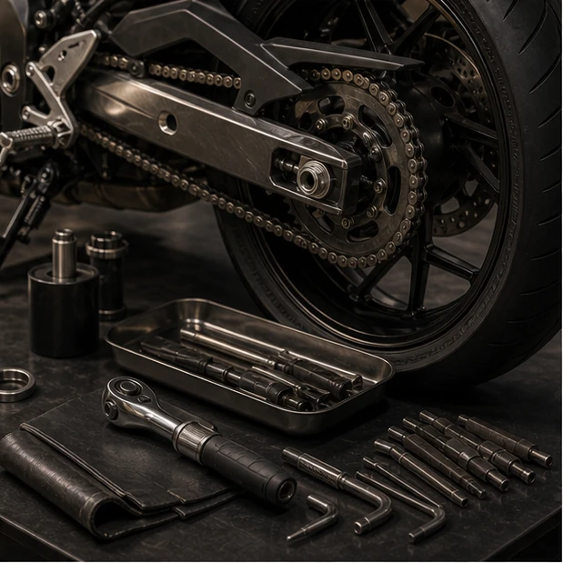 Generated chain sprocket brake and tire readiness inspection for a liter class naked motorcycle
