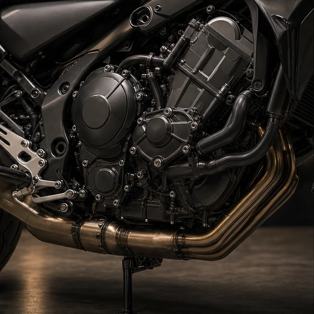 Generated CP3 triple sport touring engine and exhaust inspection detail