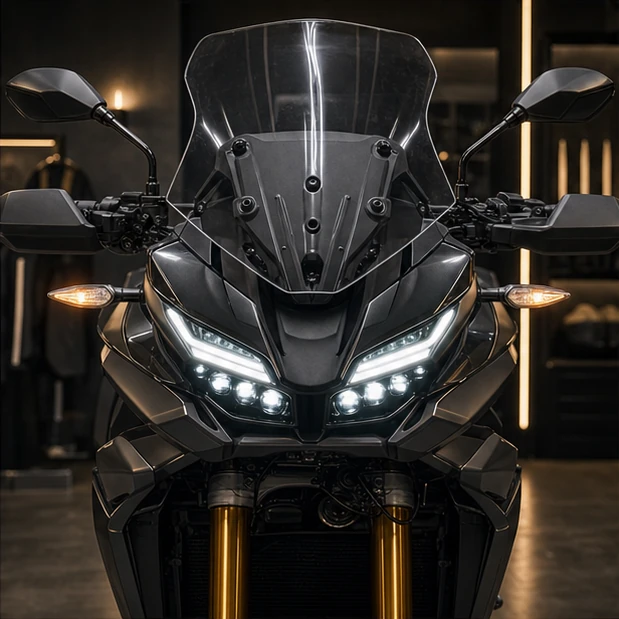 Generated sport touring cockpit technology and headlamp detail with no readable text