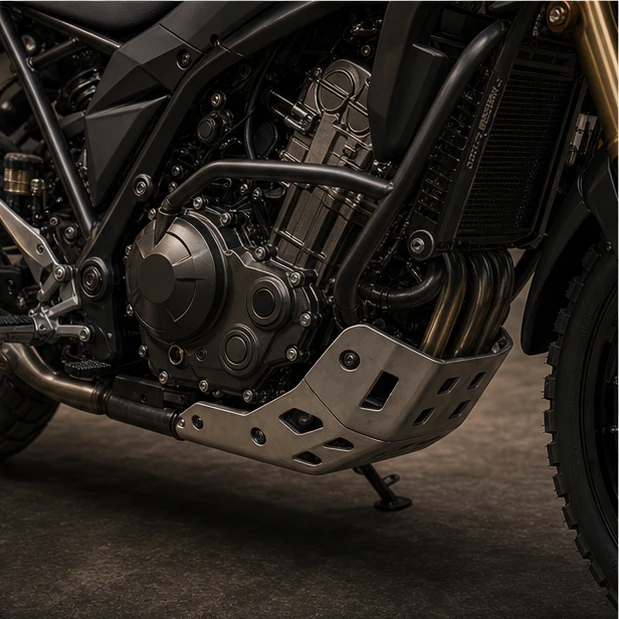Generated compact adventure motorcycle engine skid plate and fastener inspection detail