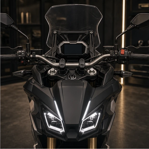 Generated compact motorcycle digital cockpit switchgear and LED headlamp detail