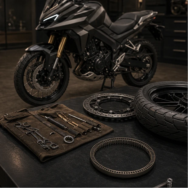 Generated feature economy inspection desk with ABS ring tire brake and compact ADV motorcycle