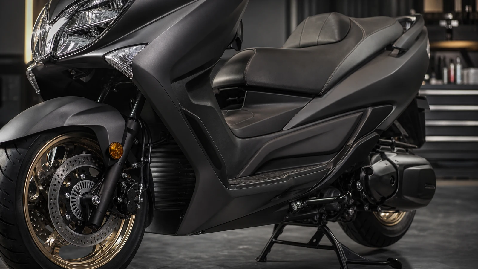 AI-generated Suzuki Burgman 400 cockpit front brake fairing and CVT readiness detail image
