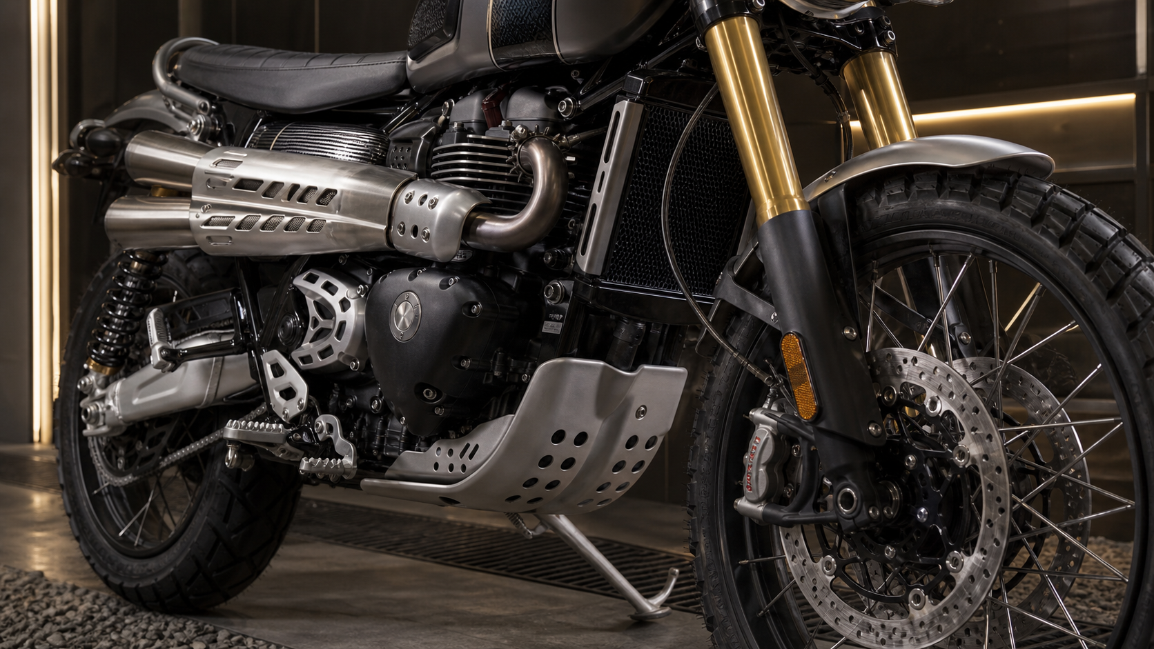 AI-generated editorial detail image of Triumph Scrambler 1200 XE 2026 high exhaust Showa fork Ohlins rear suspension spoked wheel brake and skid plate hardware