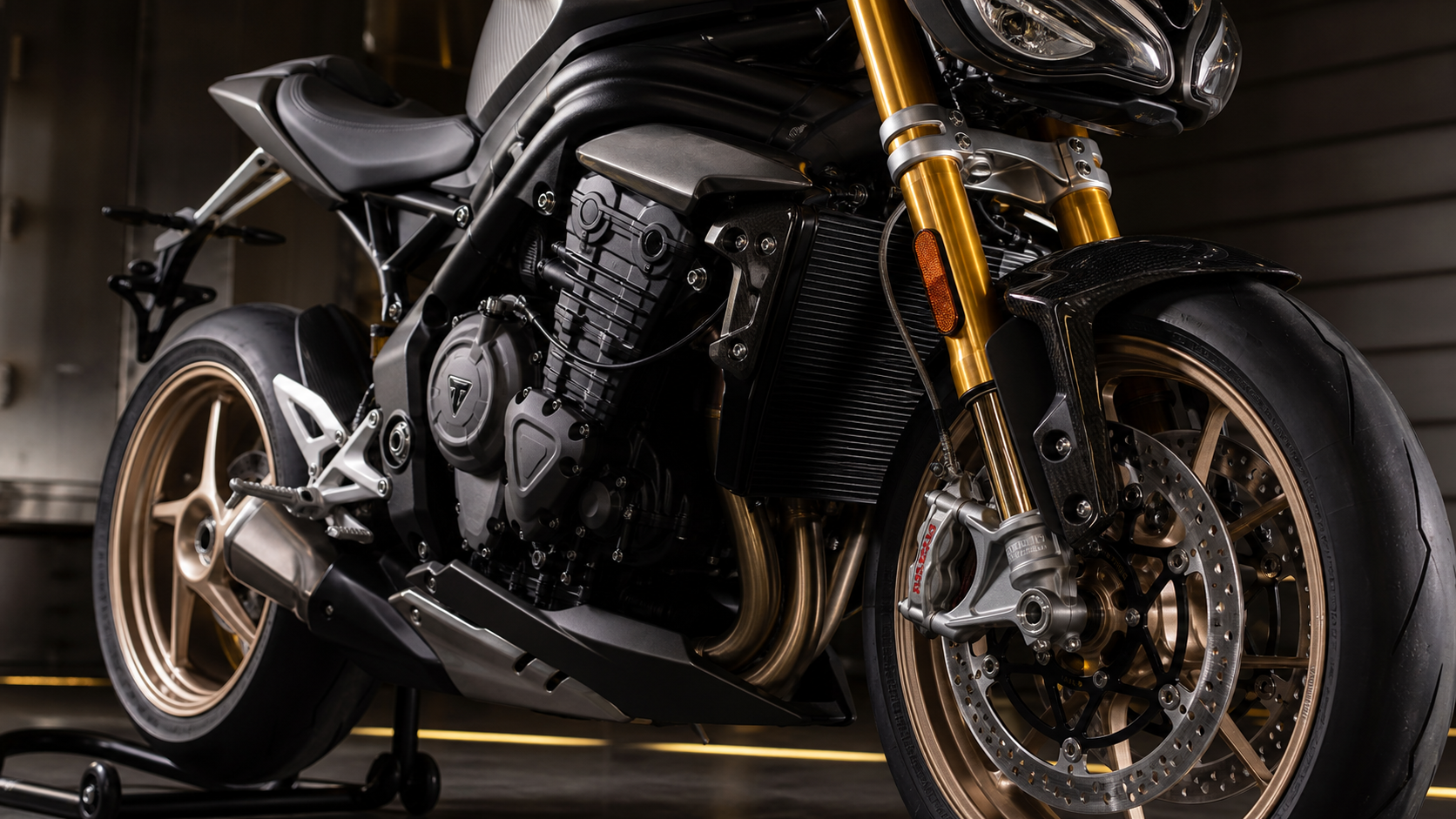 AI-generated editorial detail image of Triumph Speed Triple 1200 RS 1160cc triple engine premium fork radial brake and naked cockpit hardware